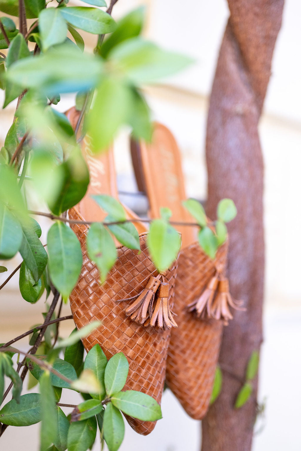 Tan Woven Tassel Mules