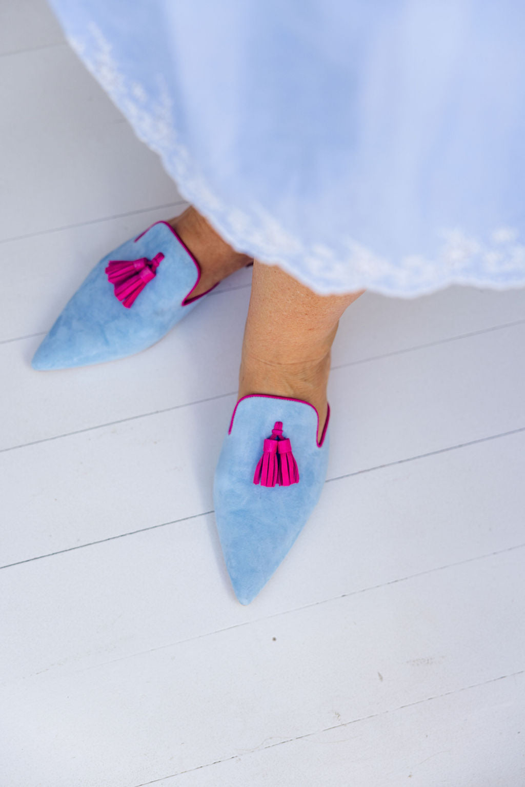Sky-Hot Pink Tassel Mules