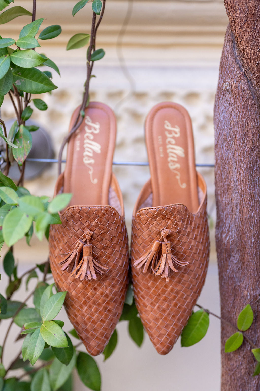 Tan Woven Tassel Mules