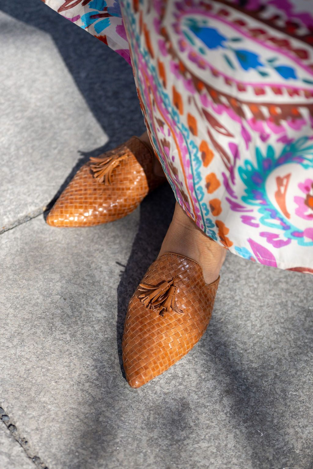 Tan Woven Tassel Mules