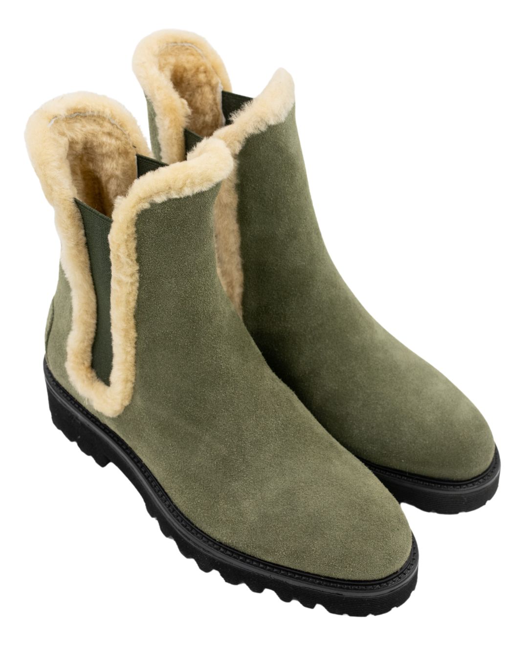 Chelseaboots Olive mit Lammfell gefüttert