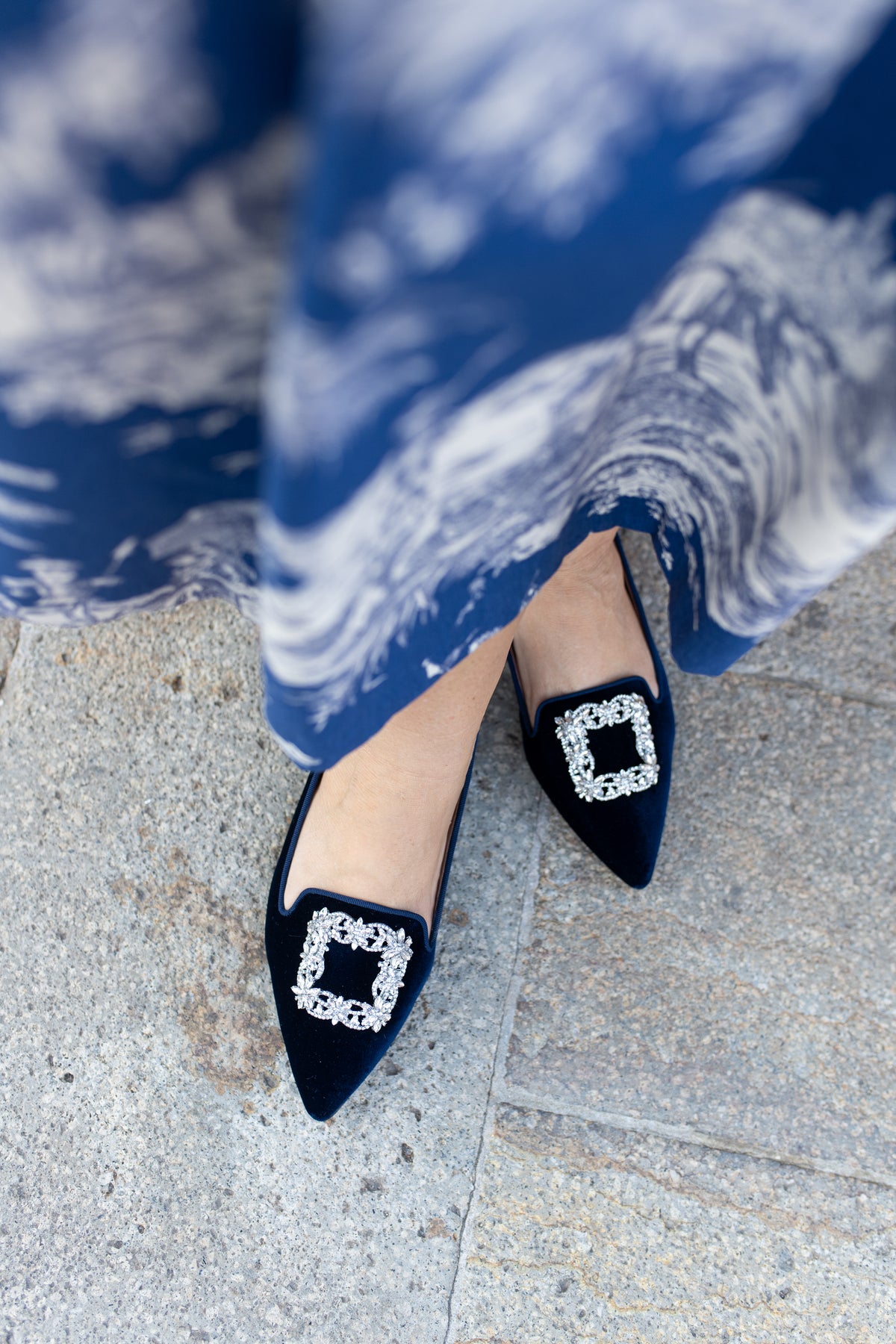 Navy Velvet Glitter Buckle Pointy Loafer