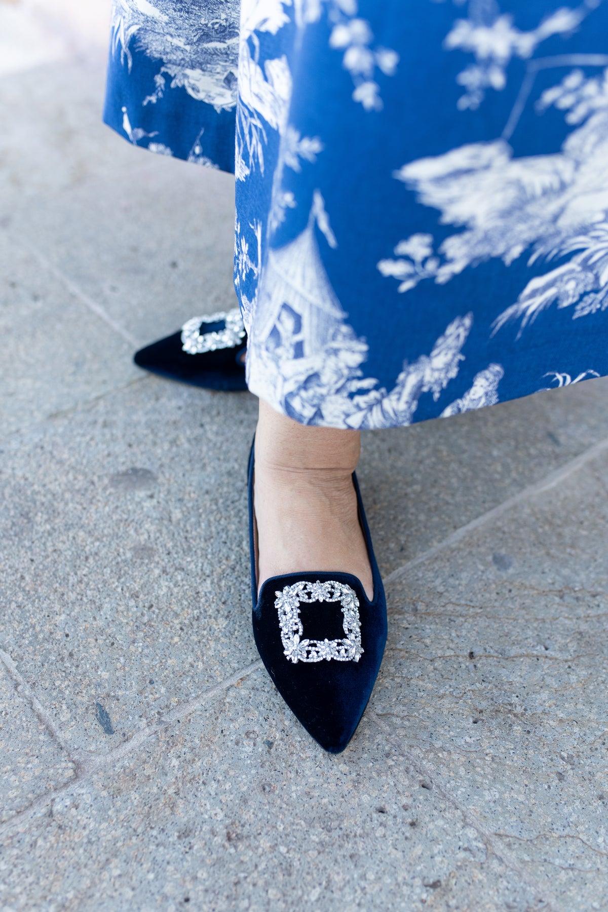 Navy Velvet Glitter Buckle Pointy Loafer