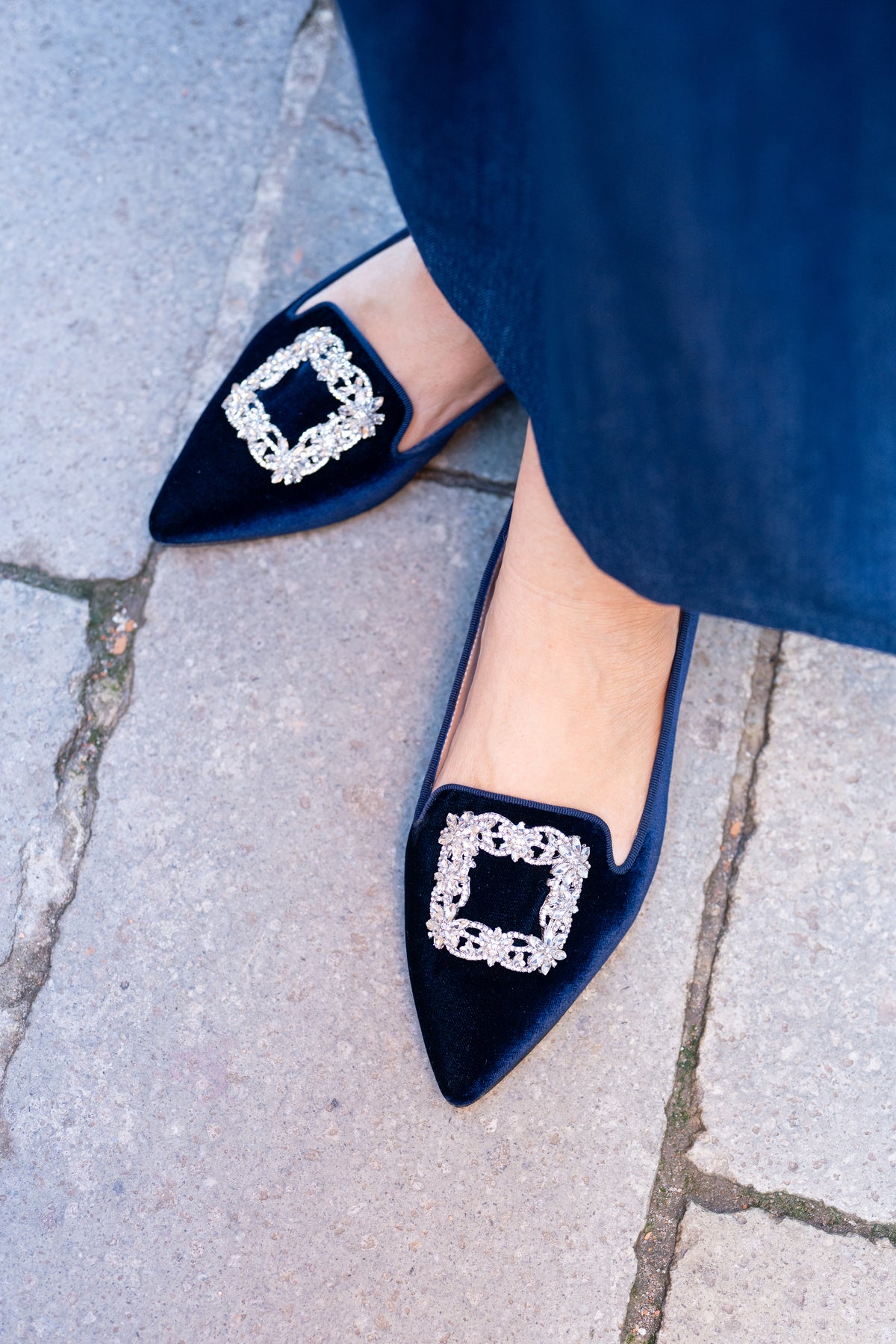 Navy Velvet Glitter Buckle Pointy Loafer