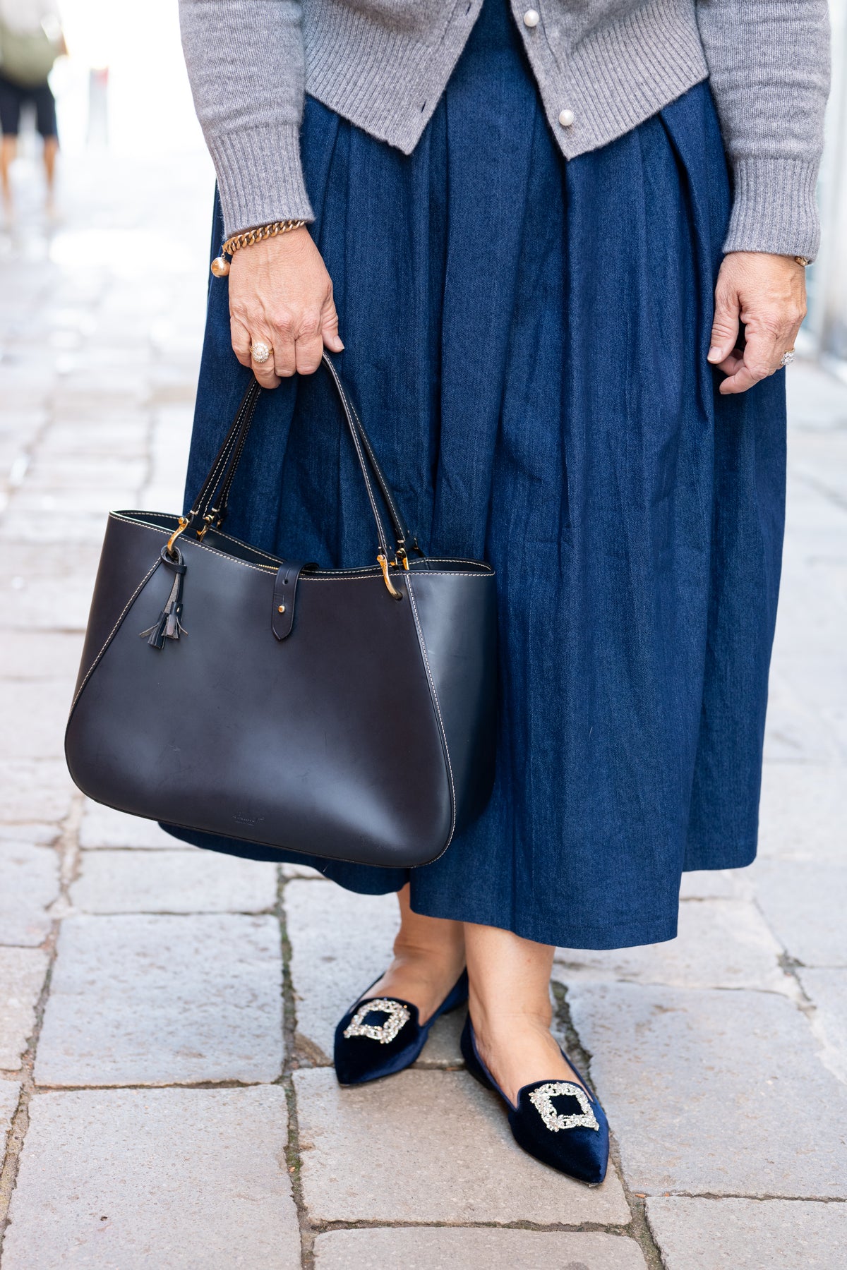 Navy Velvet Glitter Buckle Pointy Loafer